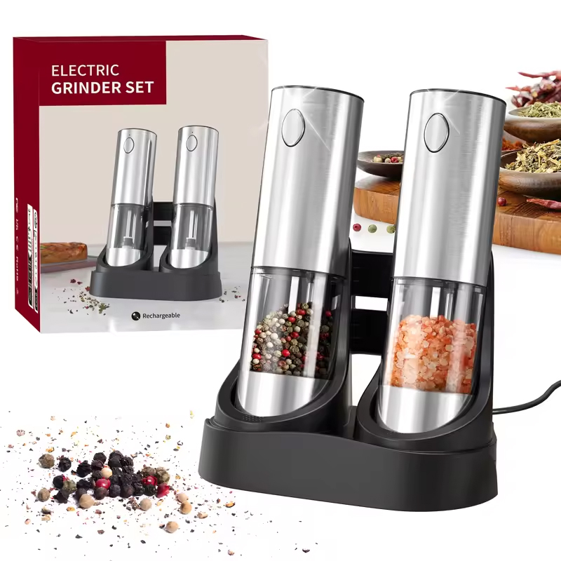 Kitchen Gadgets Electric - 1/2 個電動塩コショウグラインダー LED ライト付き重力感知調整可能なスパイスミルコードレス自動キッチンガジェット