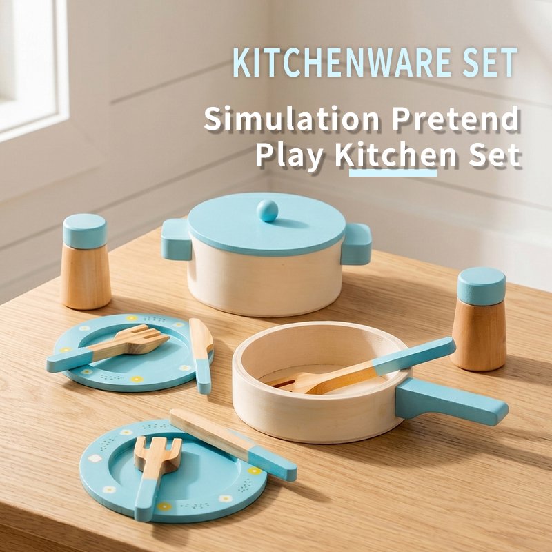 Kitchen Gadgets For Kids - 子供用木製キッチンプレイセット、鍋、フライパン、調理器具、食器付きごっこ遊びキッチンおもちゃ、モンテッソーリ式ロールプレイキッチンおもちゃ