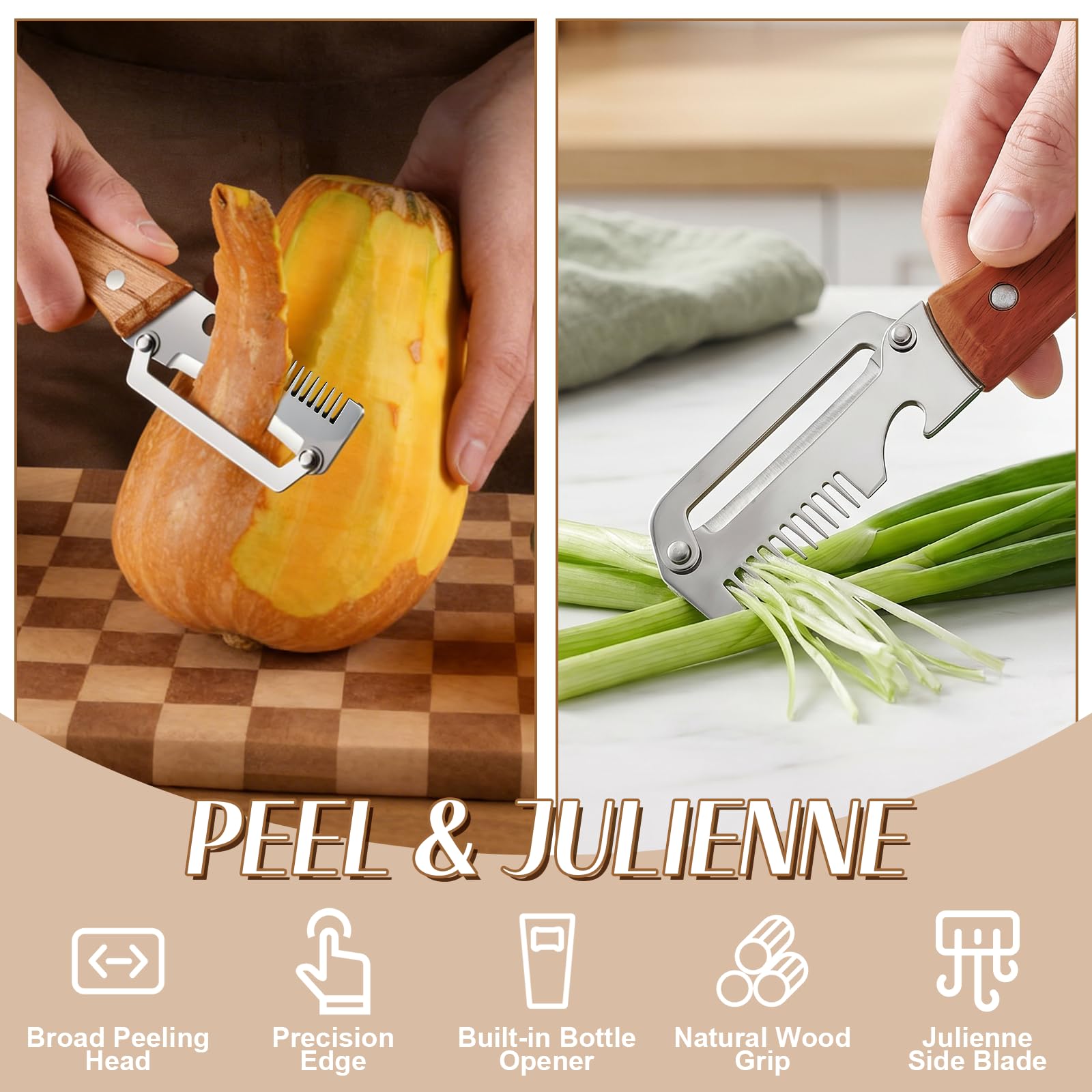 木製ハンドルと栓抜き付き3-in-1野菜ピーラー、キッチン用 - Kitchen Gadgets Design のレビューと価格