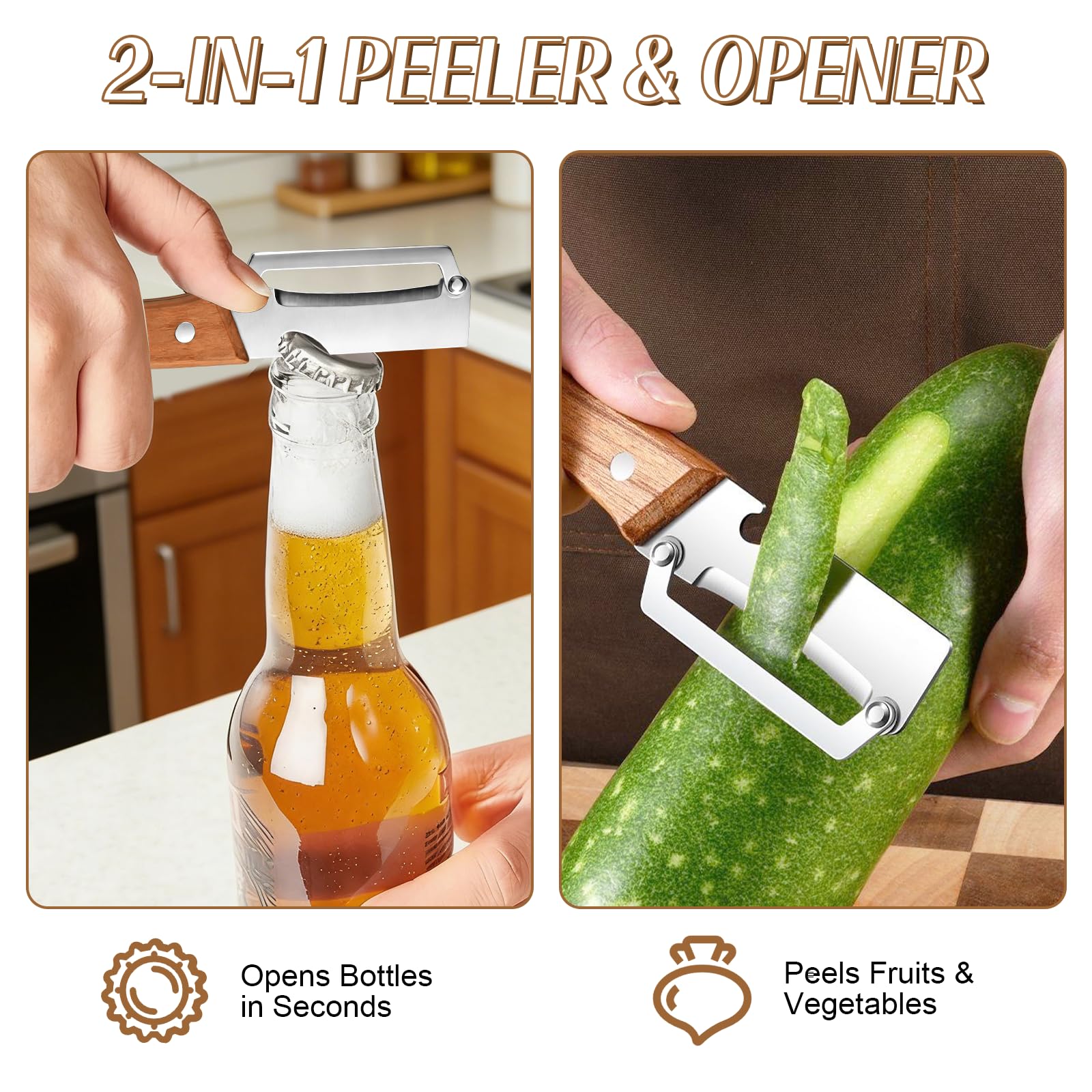 木製ハンドルと栓抜き付き3-in-1野菜ピーラー、キッチン用 - Kitchen Gadgets Design のレビューと価格